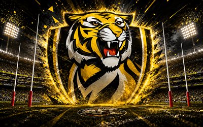 Richmond Tigers abstract logo, 4k, stadium, spotlights, AFL, australian football, creative, Australian Football League, Richmond Tigers logo, Richmond Football Club, australian football team, Richmond Tigers