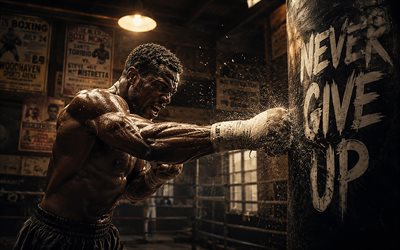 4k, Never Ever Give Up, swipe, gym, boxer, punching bag, popular short quotes, boxing, Never Ever Give Up concepts, inspiration, Never Ever Give Up inspiration, creative, Never Ever Give Up Art