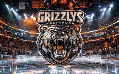 Grizzlys Wolfsburg metal logo, 4k, spotlights, ice arena, DEL, hockey, Grizzlys Wolfsburg logo, hockey stadium, Grizzlys Wolfsburg 3D logo, german hockey team, Grizzlys Wolfsburg