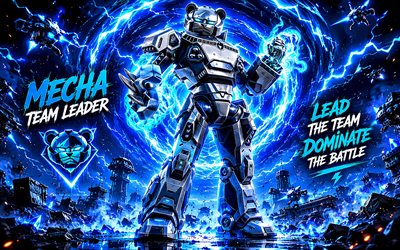 Mecha Team Leader Fortnite, 4k, blue 3D background, Fortnite, fan art, Mecha Team Leader Skin, Fortnite Mecha Team Leader Skin, creative, Mecha Team Leader