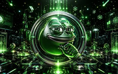Pepe 3D logo, 4k, green futuristic background, cryptocurrencies, Pepe futuristic logo, brands, Pepe cryptocurrency, blockchain, Pepe logo, Pepe