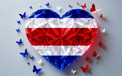 Flag of Costa Rica, 4k, Costa Rican flag, I love Costa Rica, 3d crystal heart, Costa Rica 3d flag, 3d crystal heart like Costa Rica flag, North America, Costa Rica flag, 3d art, Costa Rica heart flag, Costa Rica