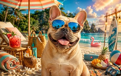 French Bulldog, 4k, summer, tropical beach, beach accessories, sea, sun lounger, sunglasses, French Bulldog on beach, dogs, cocktail, cute animals, beach, pets, dog in sunglasses, French Bulldog Dog