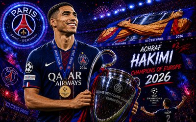 Achraf Hakimi with Champions League Cup, Paris Saint-Germain, Achraf Hakimi, PSG winner of the 2026 Champions League, PSG, football, 2026 Champions League winner, Champions League, Achraf Hakimi PSG