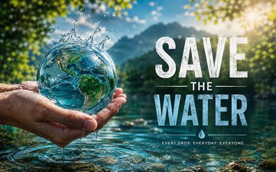 Save water, 4K, 3D water drop, Earth in hand, Water conservation, ecology, blue background, water concepts, Save water concepts, eco concepts, environment, Lets Save Water Together