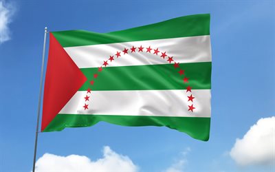 bandera de manabi en la bandera, 4k, provincias ecuatorianas, cielo azul, bandera de manabi, banderas de satén ondulados, provincias de ecuador, asta de bandera con banderas, día de manabi, ecuador, provincia de manabi, manabi