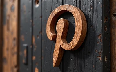 Pinterest logo, 4k, creative art, Pinterest 3d brown wooden logo, black wooden backround, Pinterest 3d logo, Pinterest, 3d Pinterest emblem