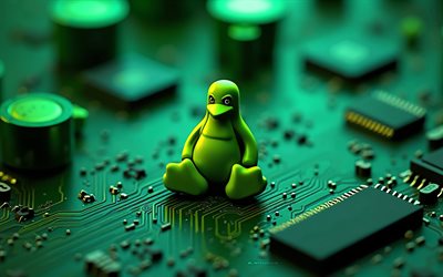 logotipo de linux 3d green, 4k, placa base verde, penguin linux 3d, logotipo de linux, emblema de linux, signo de linux, emblema 3d de linux, fondo de tecnología verde, linux, fondo con logotipo de linux