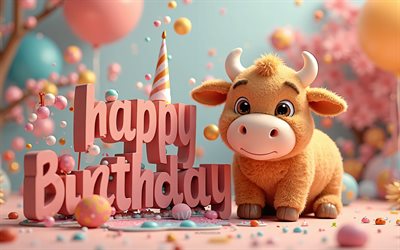 feliz cumpleaños, 4k, linda vaca, feliz cumpleaños inscripción 3d, vacada 3d de dibujos animados marrones, regalo, conceptos de feliz cumpleaños, feliz cumpleaños deseos, antecedentes de feliz cumpleaños con vaca