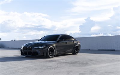 2025, BMW M3, 4k, front view, exterior, BMW G80, black BMW M3, new black BMW 3, german cars, G80, BMW