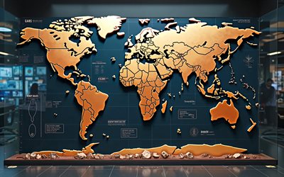 bronze 3d world map, background with world map, metal world map, world map in office, world map concepts, 3d world map