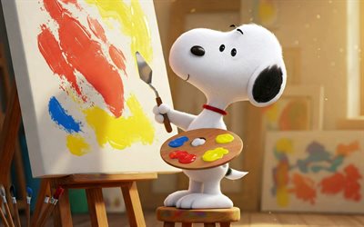Snoopy, 4k, easel, drawing, cartoon characters, BSnoopy character, Peanuts comics