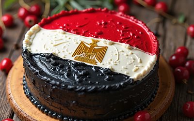 Egypt flag painted on cake, 4k, Egyptian flag, baking, Egypt, cake with berries, flag of Egypt, cake with the Egyptian flag, cake like Egyptian flag, Egypt flag
