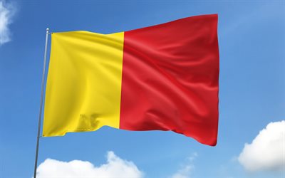 bandera de pichincha en la bandera, 4k, provincias ecuatorianas, cielo azul, bandera de pichincha, banderas de satén ondulados, provincias de ecuador, asta de bandera con banderas, día de pichincha, ecuador, provincia de pichincha, pichincha