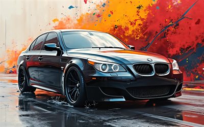 4k, bmw m5, creativo, arte abstracto, e60, sintonización, fondos blancos coloridos, black bmw m5, bmw m5 e60, autos alemanes, bmw