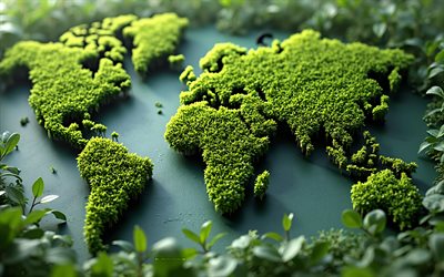 mapa mundial 3d feito de folhas verdes, 4k, mapa mundial 3d gramado, conceitos de mapa do mundo, natureza, cuide da natureza, mapa do mundo da grama verde