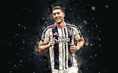 dusan vlahovic, 4k, luzes de neon brancas, juventus fc, serie a, jogadores de futebol sérvios, dusan vlahovic 4k, futebol, juventus, juve, dusan vlahovic juventus