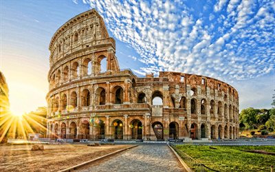 Colosseum, bright sun, italian cities, sunset, amphitheatres, Rome, Italy, Europe, HDR, italian landmarks, Rome landmarks