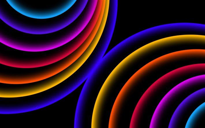4k, cerchi colorati, sfondi neri, anelli colorati, design dei materiali, forme geometriche, modelli di cerchi, sfondo con cerchi
