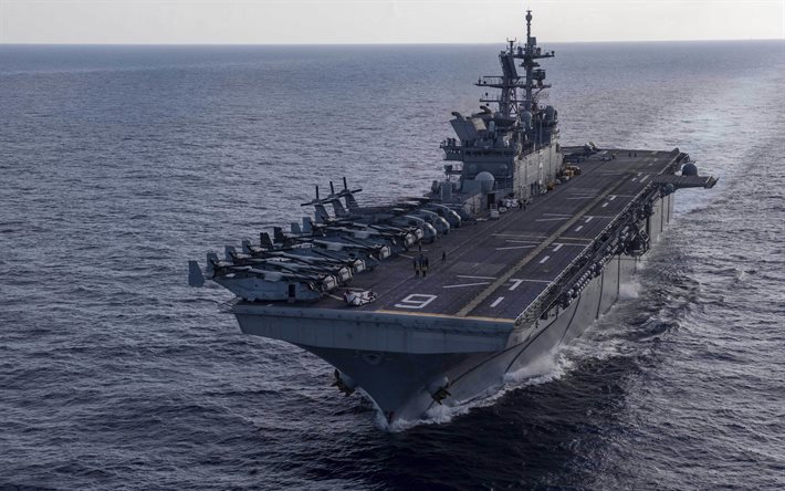 uss america, lha-6, amerikanisches amphibisches angriffsschiff, hubschrauberträger, uss america im ozean, us navy, amerikanische kriegsschiffe, america-klasse, bell boeing v-22 osprey