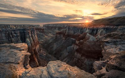 grand canyon, ilta, auringonlasku, colorado river, vuoristolaakso, kanjonit, arizona, colorado, punaiset kivet, usa