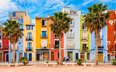 विलाजोयोसा, 4k, रंगीन इमारतें, तट, स्पेनिश शहर, स्पेन, यूरोप, गर्मी