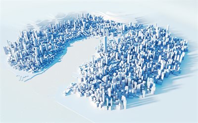 Hong Kong, 4k, 3D art, 3D cityscapes, chinese cities, China, Asia, white 3D buildings, Hong Kong 3D, skyscrapers, abstract cityscapes, minimalism
