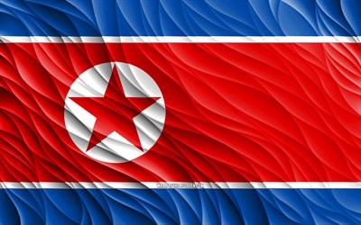 4k, 북한 국기, 물결 모양의 3d 플래그, 아시아 국가, 북한의 국기, 북한의 날, 3d 파도, 아시아, 북한 국가 상징, 북한