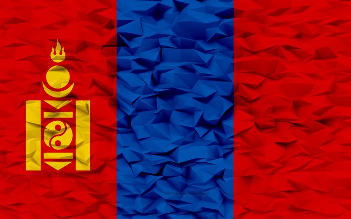 bandiera della mongolia, 4k, sfondo del poligono 3d, struttura del poligono 3d, giorno della mongolia, bandiera della mongolia 3d, simboli nazionali della mongolia, arte 3d, mongolia, paesi dell asia