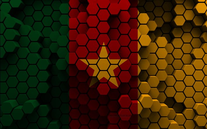 4k, bandera de camerún, fondo hexagonal 3d, bandera 3d de camerún, día de camerún, textura hexagonal 3d, símbolos nacionales de camerún, camerún, bandera de camerún 3d, países africanos