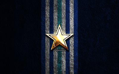 Dallas Cowboys golden logo, 4k, blue stone background, NFL, american football team, Dallas Cowboys logo, american football, Dallas Cowboys