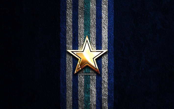 ダラス カウボーイズのゴールデン ロゴ, 4k, 青い石の背景, nfl, アメリカン フットボール チーム, ダラス カウボーイズのロゴ, アメリカンフットボール, ダラス カウボーイズ