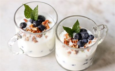 4k, yogurt, dairy products, yogurt in a glass, yogurt with nuts and blueberries, breakfast, healthy drinks, healthy breakfast