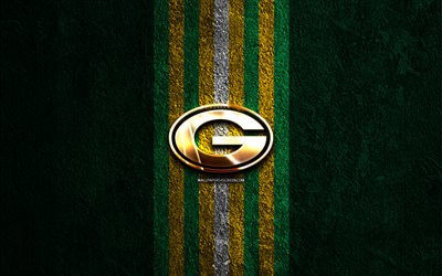 Green Bay Packers golden logo, 4k, green stone background, NFL, american football team, Green Bay Packers logo, american football, Green Bay Packers