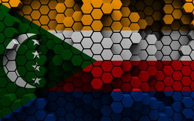 4k, Flag of Comoros, 3d hexagon background, Comoros 3d flag, Day of Comoros, 3d hexagon texture, Comoros national symbols, Comoros, 3d Comoros flag, African countries