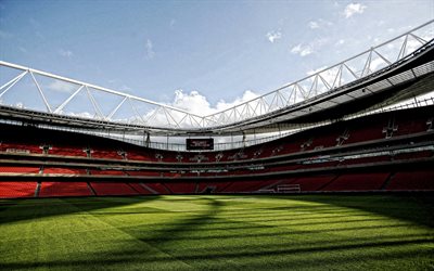 अमीरात स्टेडियम, 4k, अंदर का दृश्य, लाल स्टैंड, फुटबॉल क्रीडांगन, आर्सेनल एफसी स्टेडियम, लंडन, इंगलैंड, शस्त्रागार एफसी, फ़ुटबॉल, प्रीमियर लीग