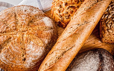 pane diverso, 4k, pagnotte, cottura, pane con semi, concetti di pane, sfondo con pane