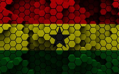 4k, bandera de ghana, fondo hexagonal 3d, bandera 3d de ghana, día de ghana, textura hexagonal 3d, símbolos nacionales de ghana, ghana, bandera de ghana 3d, países africanos