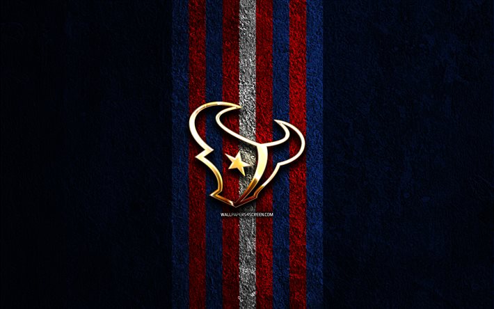 شعار هيوستن تكساس الذهبي, 4k, الحجر الأزرق الخلفية, اتحاد كرة القدم الأميركي, فريق كرة القدم الأمريكية, شعار هيوستن تكساس, كرة القدم الأمريكية, هيوستن تكساس