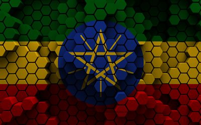 4k, etiopiens flagga, 3d hexagon bakgrund, etiopien 3d flaggan, etiopiens dag, 3d hexagon textur, etiopiens nationella symboler, etiopien, 3d etiopien flagga, afrikanska länder