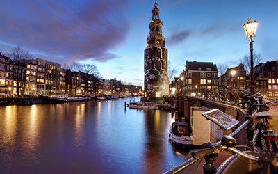 Amsterdam, evening lights, sunset, evening, lanterns, tower, Amsterdam in the evening, Amsterdam cityscape, Netherlands