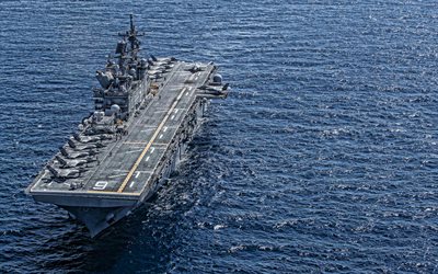 USS America, LHA-6, aerial view, American landing ship, US Navy, amphibious assault ship, Lockheed Martin F-35 Lightning II, American warships, F-35 on deck, USA