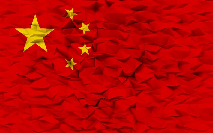 Flag of China, 4k, 3d polygon background, China flag, 3d polygon texture, Chinese flag, Day of China, 3d China flag, Chinese national symbols, 3d art, China, Asia countries