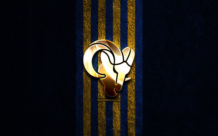 Los Angeles Rams golden logo, 4k, blue stone background, NFL, american football team, Los Angeles Rams logo, american football, Los Angeles Rams, LA Rams