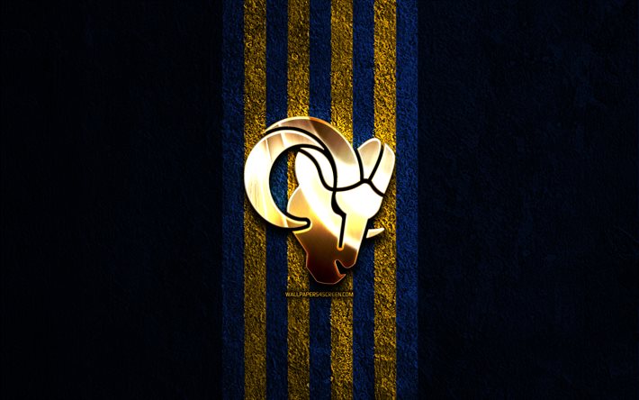 los angeles rams gyllene logotyp, 4k, blå sten bakgrund, nfl, amerikanskt fotbollslag, los angeles rams logotyp, amerikansk fotboll, los angeles rams, la rams