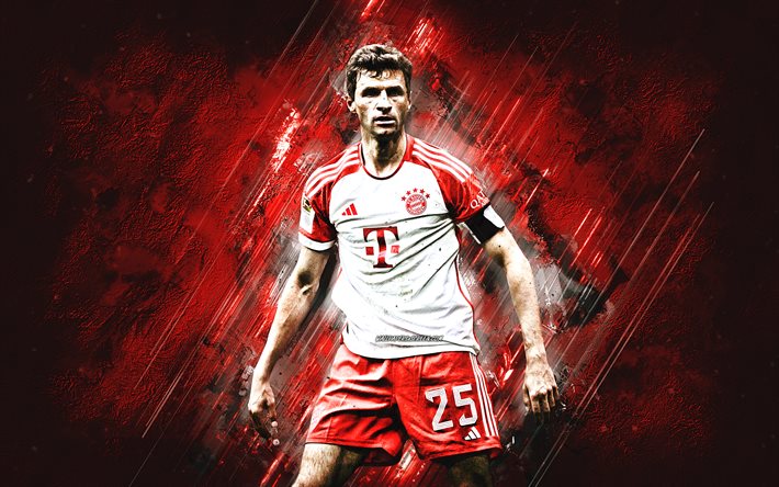 トーマス・ミュラー, fcバイエルンミュンヘン, ドイツのフットボール選手, 赤い石の背景, グランジアート, ドイツ, フットボール, バイエルンミュンヘン2024ユニフォーム