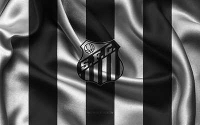 4k, Santos FC logo, black white silk fabric, Brazilian football team, Santos FC emblem, Brazilian Serie A, Santos FC, Brazil, football, Santos FC flag, soccer