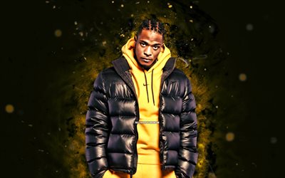 Niska, 4k, yellow neon lights, french singers, rappers, Hip hop, Georges Stanislas Malif Dinga-Pinto, french celebrity, yellow abstract background, music stars, Niska 4K