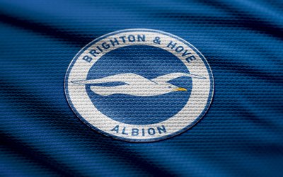 Brighton and Hove Albion fabric logo, 4k, blue fabric background, Premier League, bokeh, soccer, Brighton and Hove Albion logo, football, Brighton and Hove Albion emblem, english football club, Brighton and Hove Albion FC
