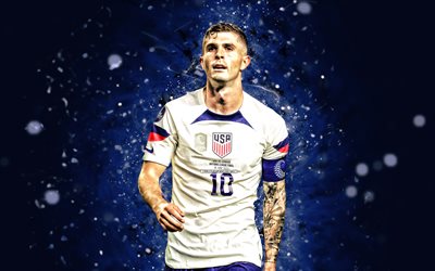 Christian Pulisic, 4k, blue neon lights, United States national soccer team, CONCACAF, blue abstract background, american footballers, football, soccer, national teams, USMNT, Christian Pulisic 4K